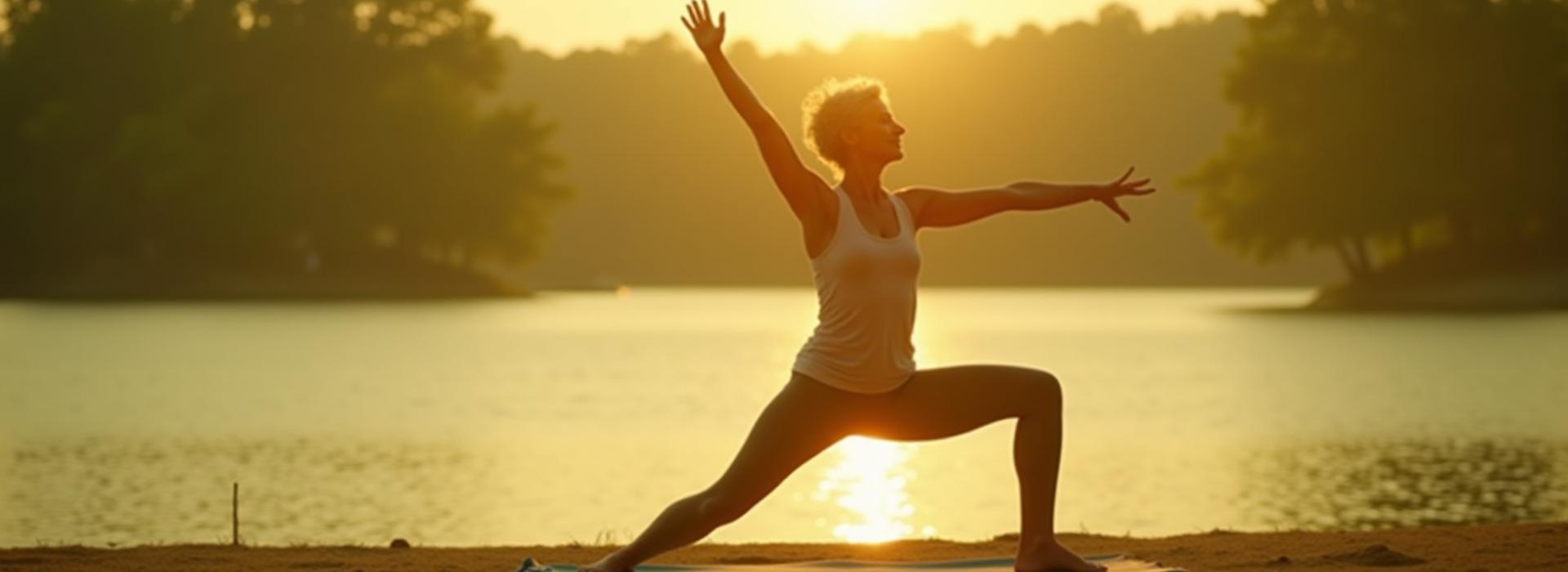 A serene woman in her 50s performing a gentle yoga pose as the sun rises, symbolizing tranquility and healthy living vitality.