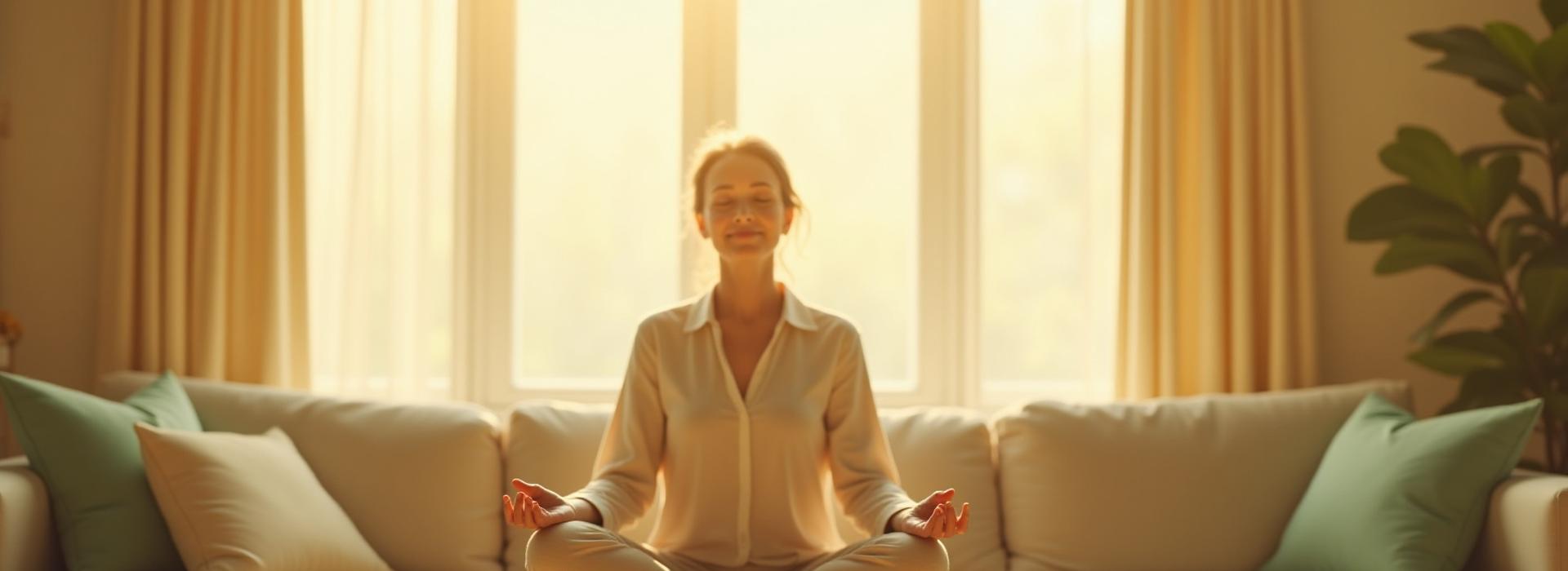 A serene woman in her late 40s meditating by a sun-drenched window, hands gently resting, a subtle smile of peace on her face. Morning light filters through sheer curtains.
