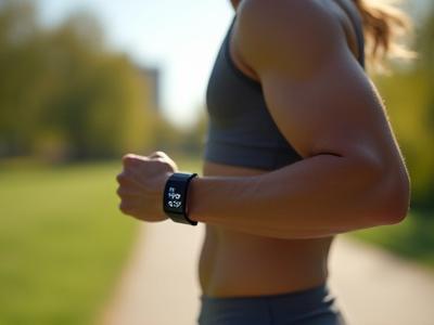 Person using a wearable fitness tracker during a morning jog, symbolizing enhanced fitness